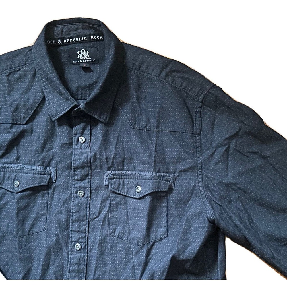 Rock & Republic Shirt Men's L Dark Gray Casual Pockets Button Roll Up Shirt - Picture 8 of 13